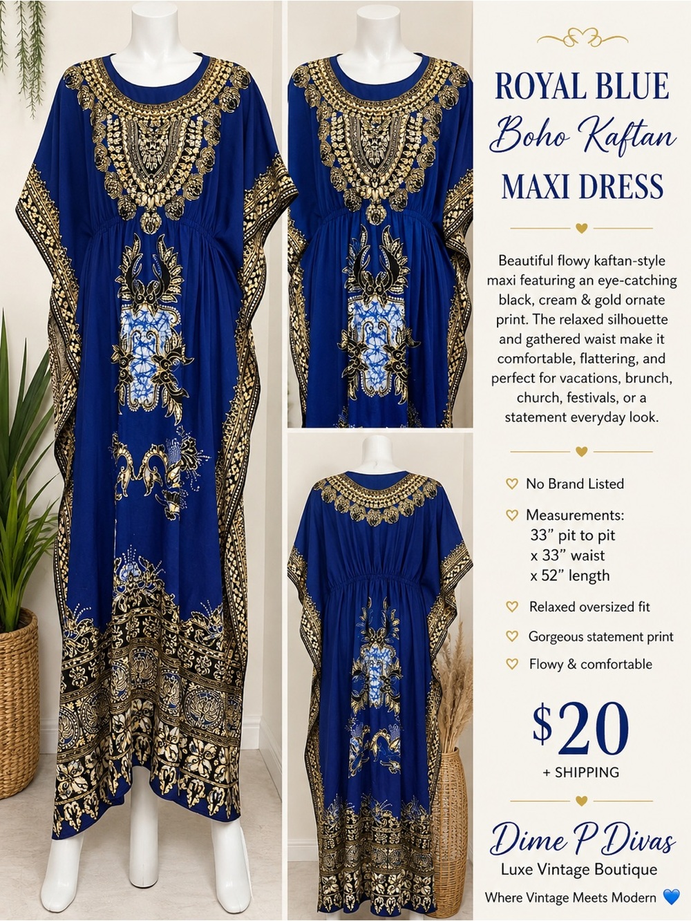 Royal Blue Boho Kaftan Maxi Dress with Gold Ornate Print